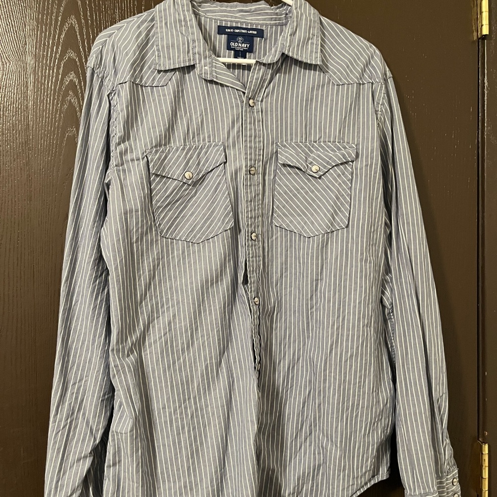 Old Navy Men's Blue Striped Pearl Snap